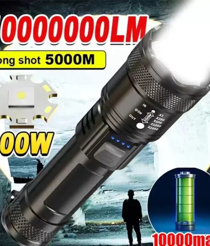 Super bright LED tactical flashlight with adjustable zoom for UK outdoor use.