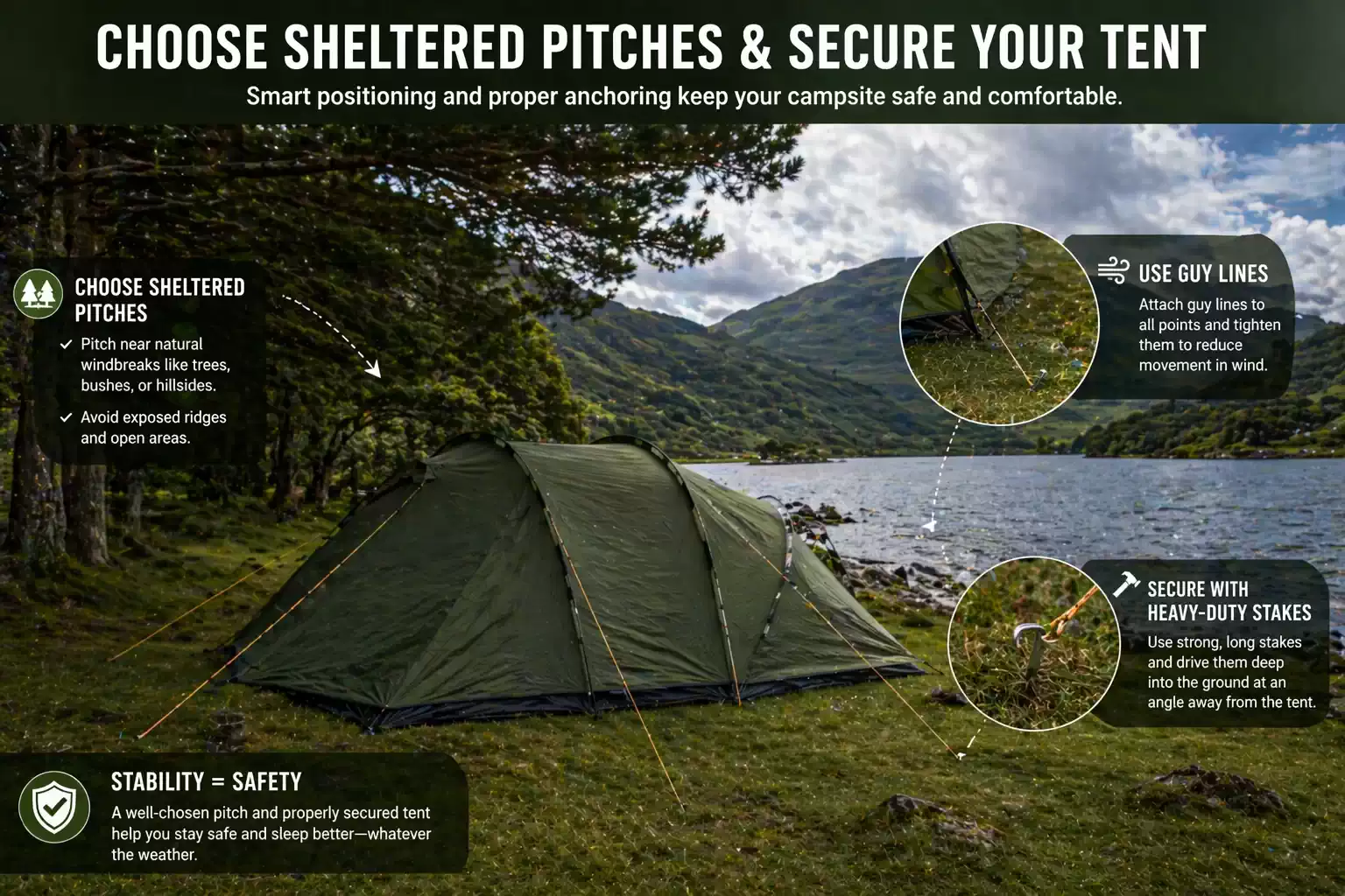 Camping tent secured with guy lines and stakes on sheltered lakeside pitch for wind protection