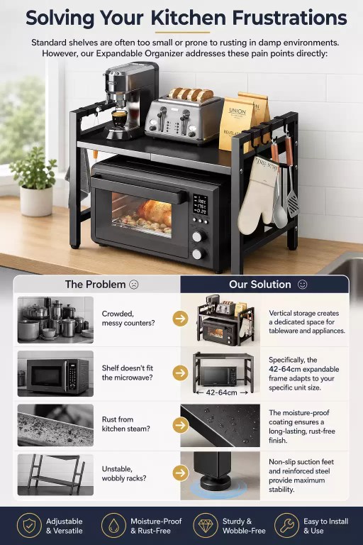 A professional "Problem vs. Solution" infographic for an expandable kitchen organizer. It highlights how the adjustable 42-64cm frame solves issues like crowded counters, poorly fitting shelves, rust from steam, and wobbly racks using non-slip suction feet and moisture-proof coating.