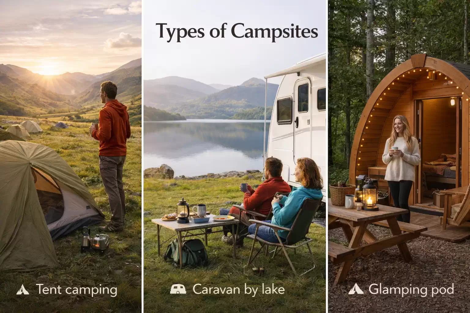 uk campsite types tent camping caravan by lake and glamping pod outdoor accommodation comparison