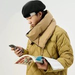 Beige waterproof goose down neck cover worn with winter jacket outdoors