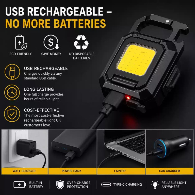USB rechargeable COB work light featuring Type-C charging, over-charge protection, a built-in battery, and versatile charging options for reliable light anywhere.