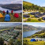Collage of Ullswater campsite experience showing tents on hilltop views, modern camping pods, and lakeside camping scenery in the Lake District UK