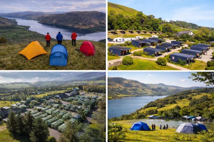 Collage of Ullswater campsite experience showing tents on hilltop views, modern camping pods, and lakeside camping scenery in the Lake District UK