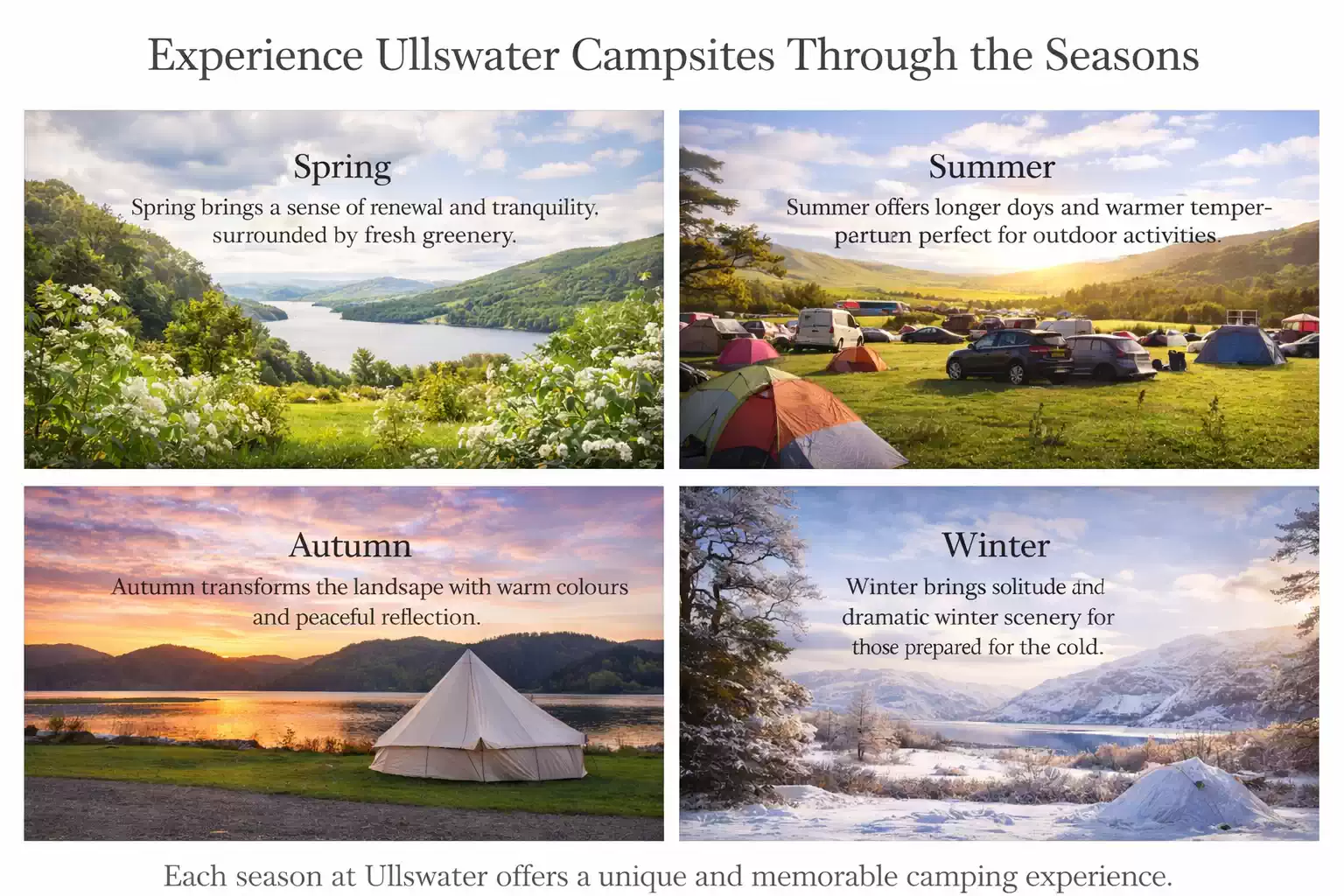 Four-season collage of Ullswater campsites showing spring greenery, summer camping field with tents, autumn sunset bell tent by the lake, and winter snow-covered lakeside campsite in the Lake District UK