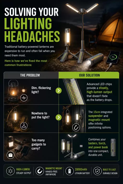 Solving Your Lighting Headaches Traditional battery-powered lanterns are expensive to run and often fail when you need them