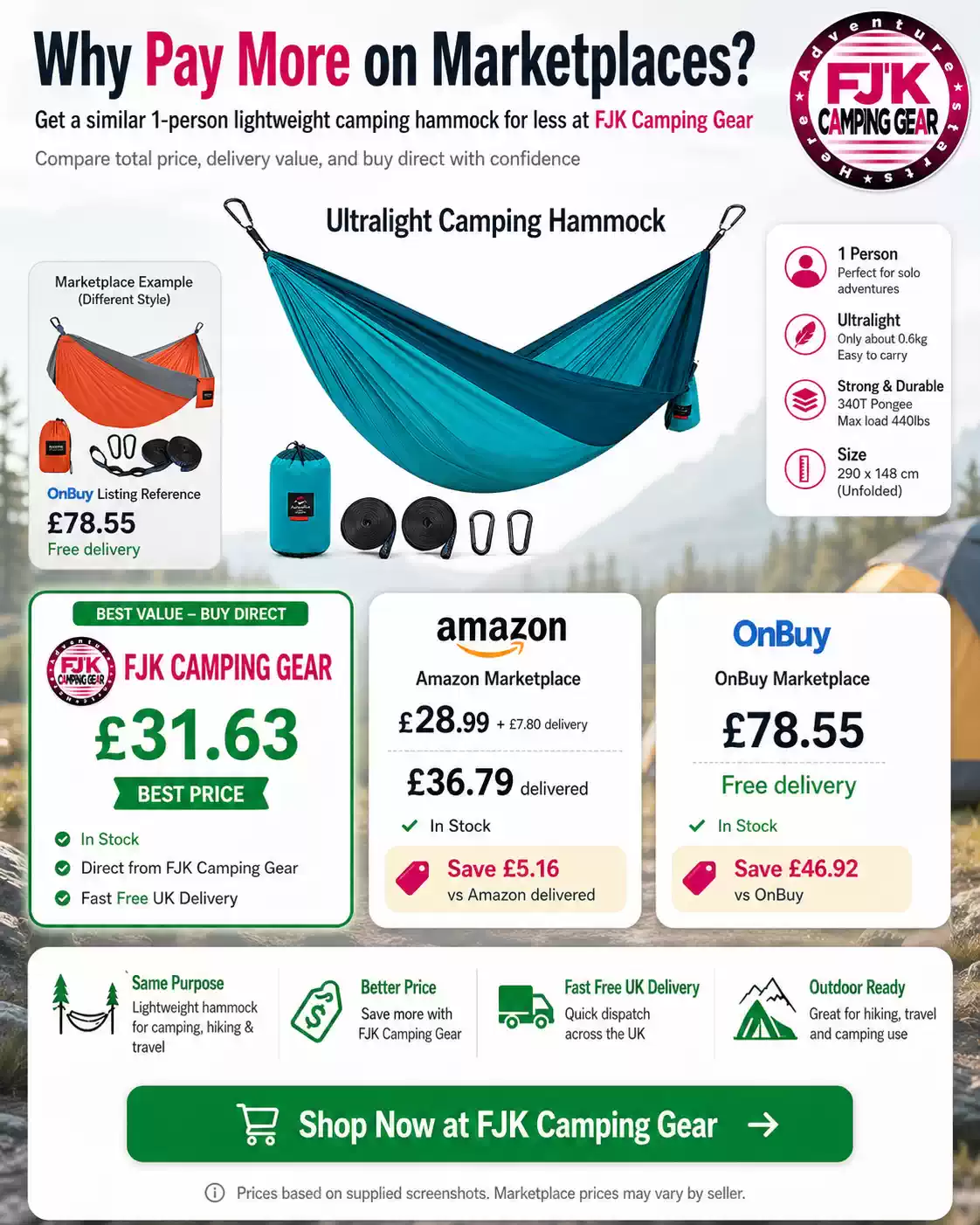 Ultralight camping hammock price comparison showing FJK Camping Gear cheaper than Amazon and OnBuy with fast UK delivery