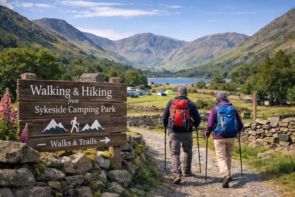 Hikers with backpacks walking trail from Sykeside Camping Park towards Lake District mountains and scenic valley views