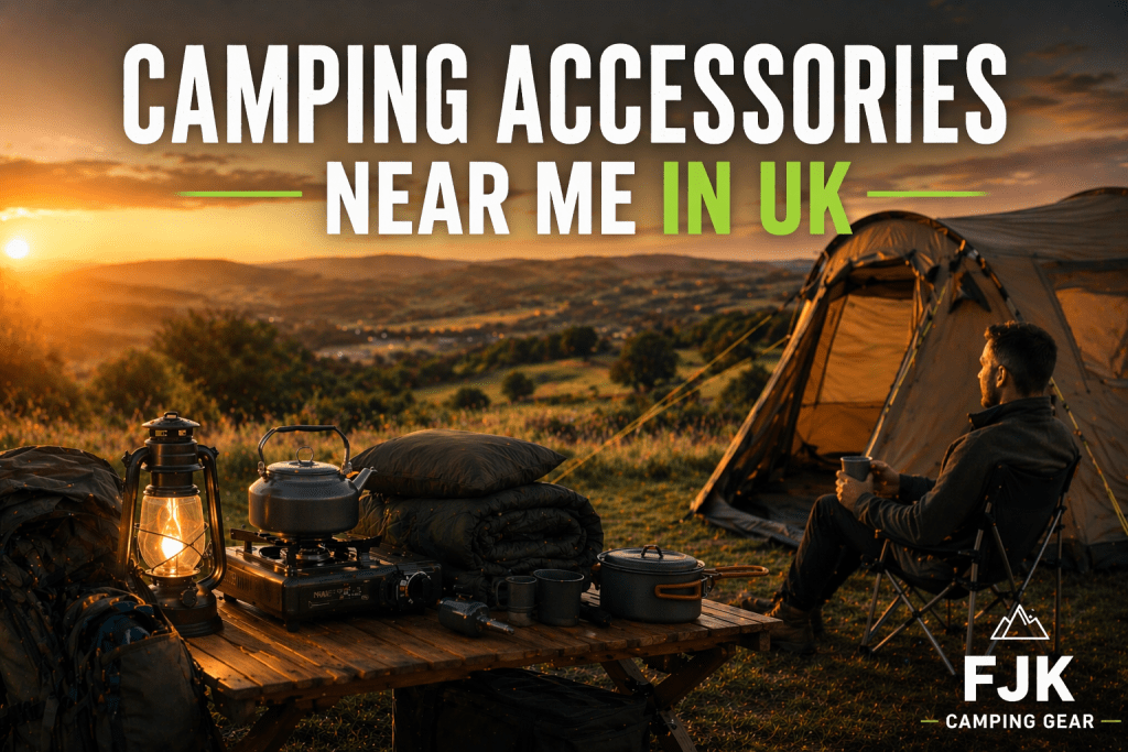 UK wild camping setup at sunset with tent, portable stove, lantern and cooking gear overlooking countryside landscape