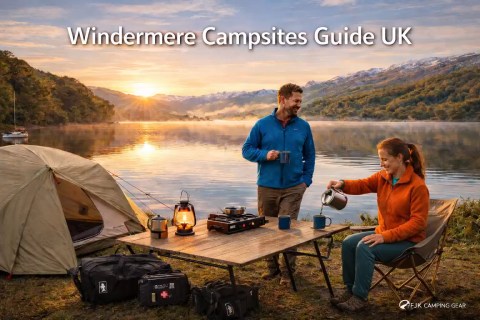 Windermere camping UK with couple by lakeside tent preparing coffee at sunrise scenic view
