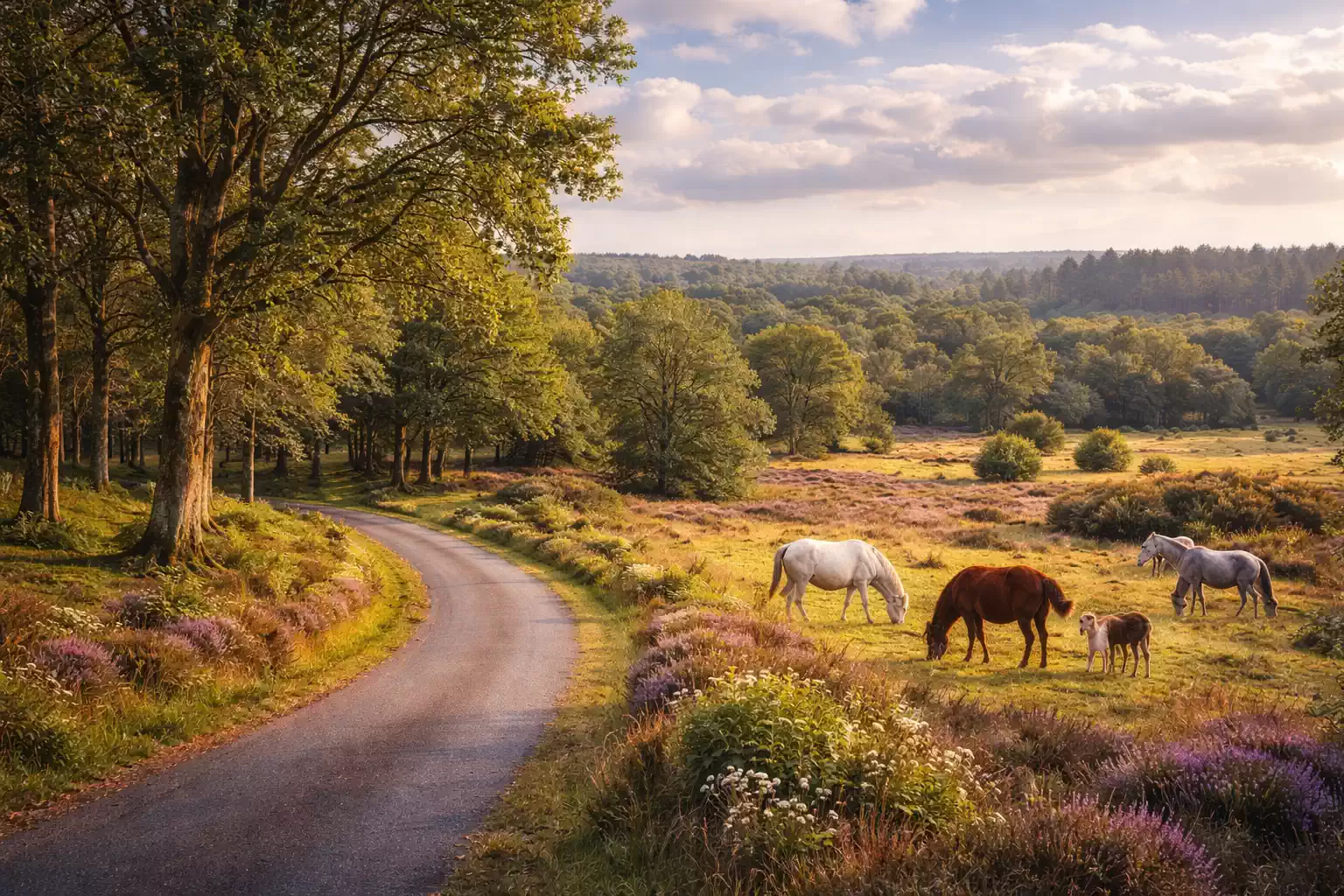 Red shoot country side uk with wild ponies grazing near winding road, scenic moorland landscape with trees and summer nature views
