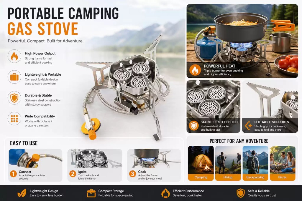 Widesea high-power gas stove infographic comparing common outdoor cooking problems with engineered trail solutions.