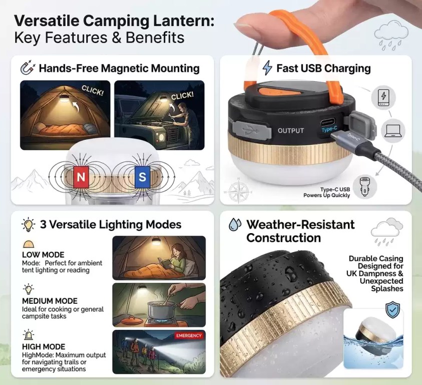 Key Features & Benefits: magnetic, rechargeable LED lantern with three light modes and weather-resistant casing.