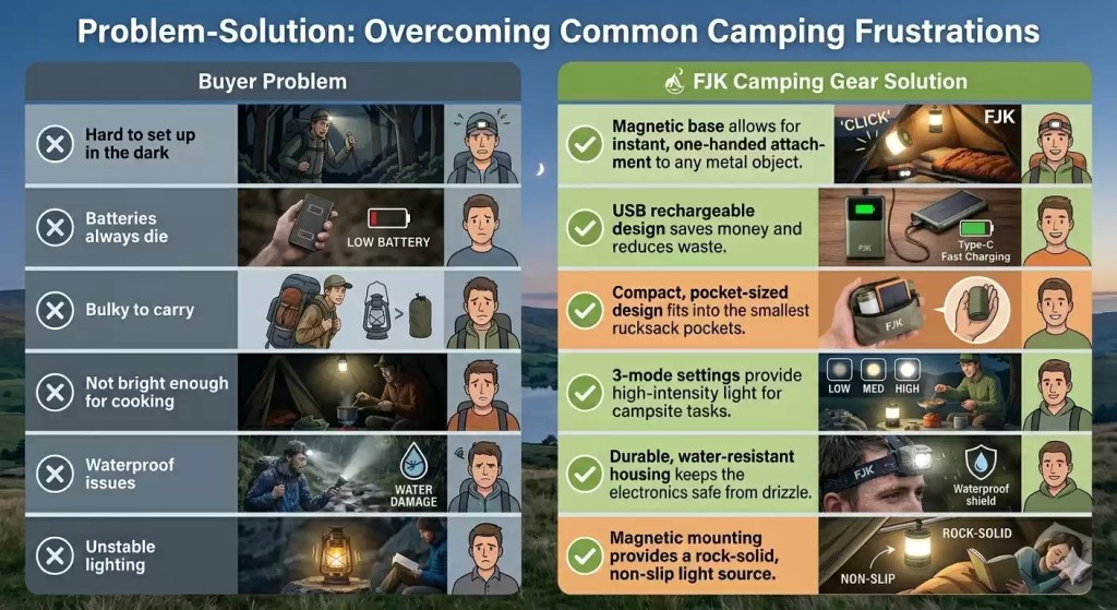 problem-solution chart for the versatile rechargeable magnetic camping lantern