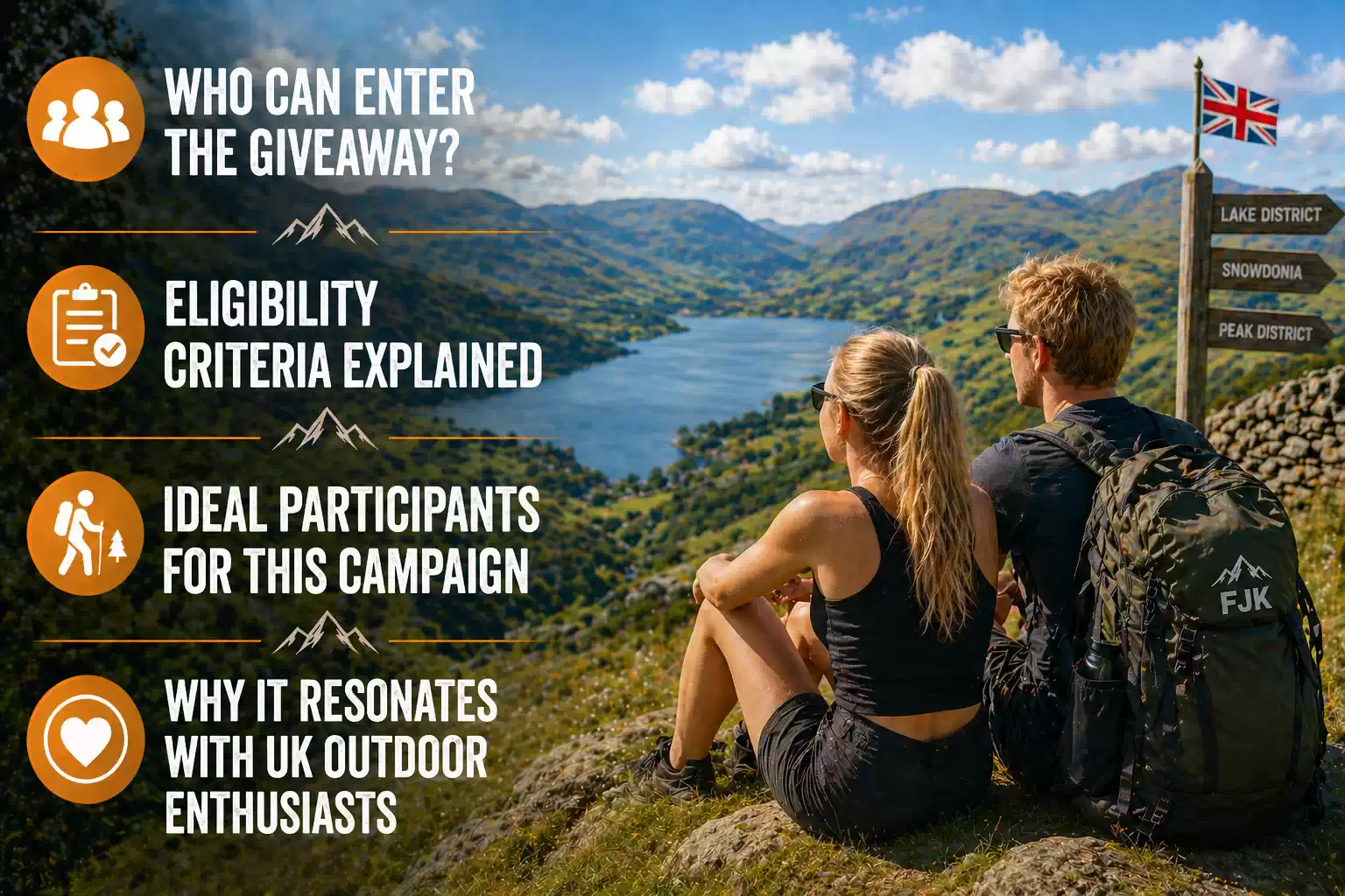 Couple overlooking Lake District landscape with hiking gear and UK flag, explaining giveaway eligibility and target participants