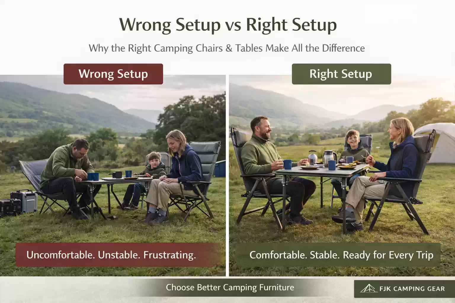 Split image showing uncomfortable camping furniture setup vs comfortable camping chairs and tables solution