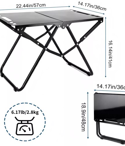 Product dimensions for the tactical table showing a $57\text{cm} \times 36\text{cm}$ surface, a $41\text{cm}$ height, and a $2.8\text{kg}$ total weight.