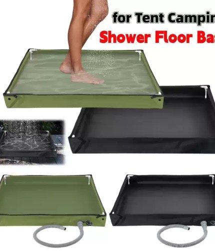 Comparison of the green and black camping shower floor bases with drainage hoses, featuring an inset image of the product in an outdoor setting.