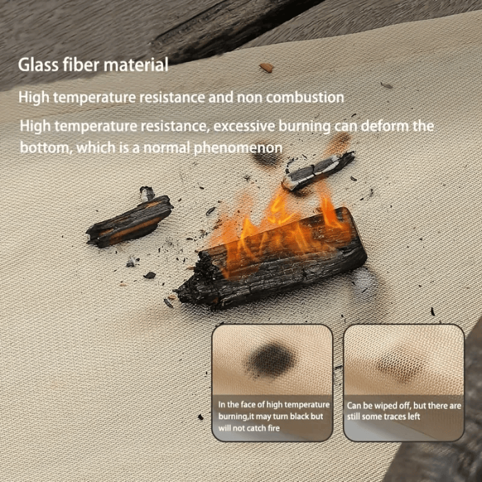 FJK Camping Gear fire-retardant glass fiber mat shown in multiple sizes with a portable mesh storage bag.