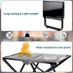 Infographic demonstrating the table's heat-resistant and rust-proof properties, along with its portable and easy-to-assemble design.