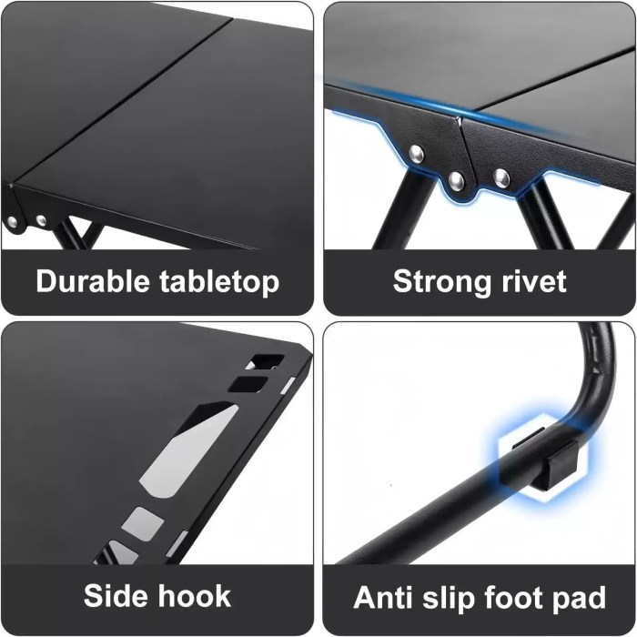 Four close-up panels showing the durable tabletop, strong rivets, integrated side hooks, and anti-slip foot pads of the tactical table.