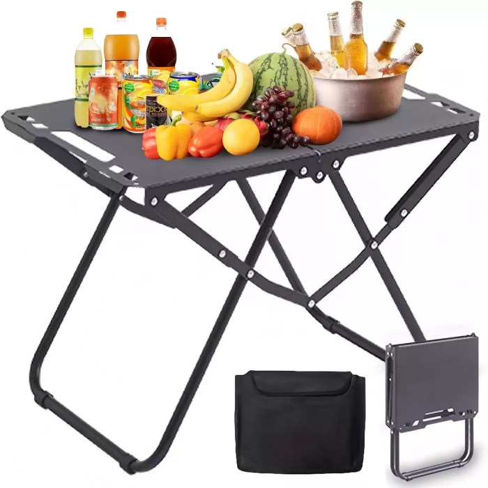 The tactical table shown fully loaded with food and drinks alongside its compact folded form and included carry bag.