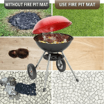 Comparison graphic showing surface damage "Without Fire Pit Mat" versus clean protection on grass, wood, and stone "With Mat."