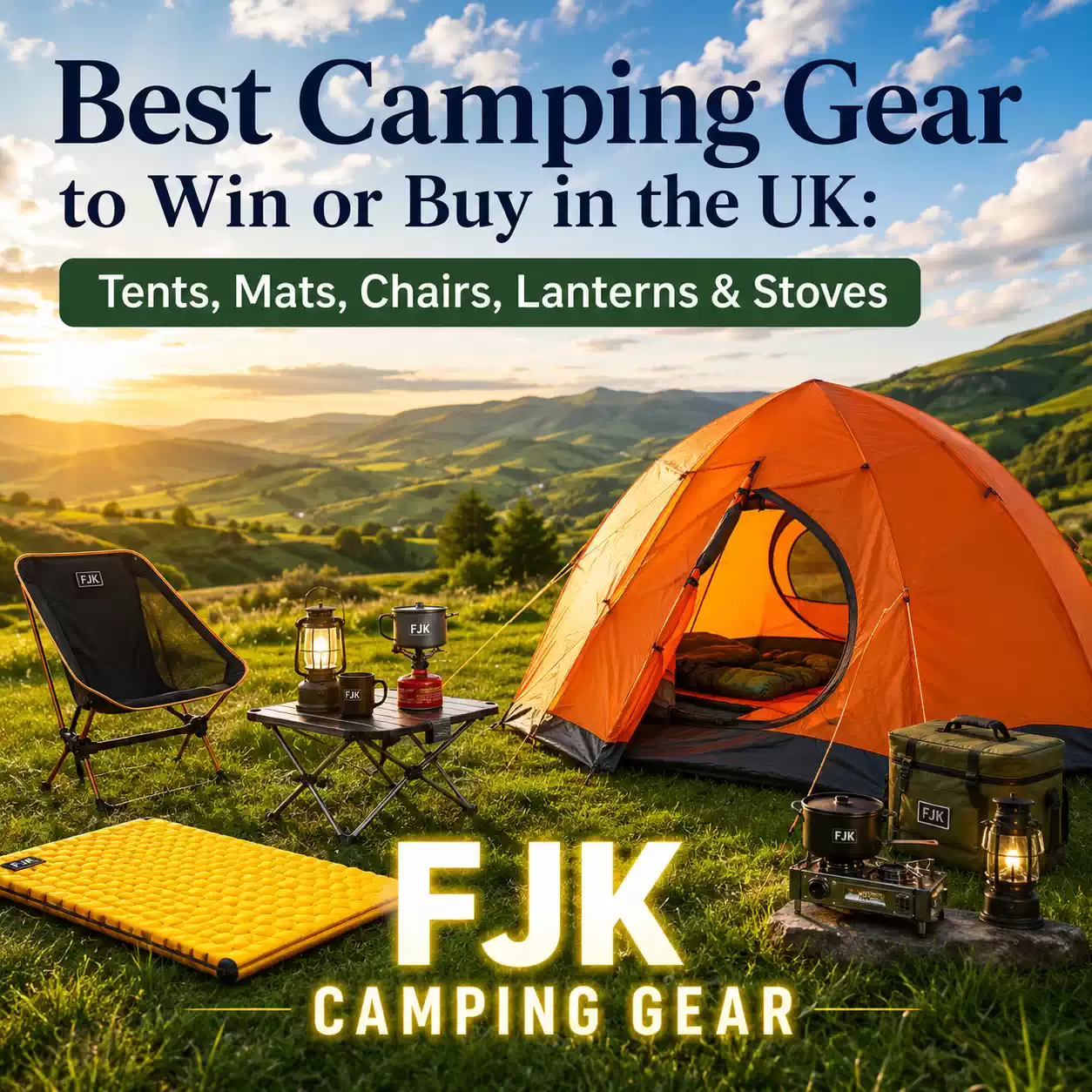 UK camping setup with tent, lantern, chairs, stove, and sleeping mat in mountain scenery