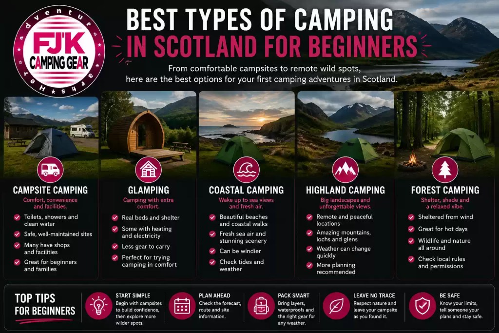 Best types of camping in Scotland for beginners including campsite, coastal and Highland camping