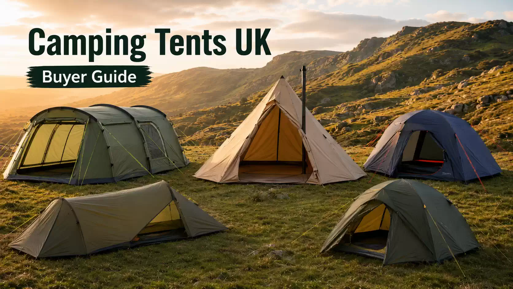Different camping tent styles in a UK mountain camping setting