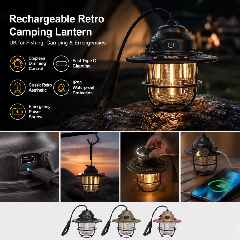 FJK Camping Gear rechargeable retro camping lantern featuring stepless dimming, Type-C charging, and emergency power capabilities for fishing and camping in the UK.
