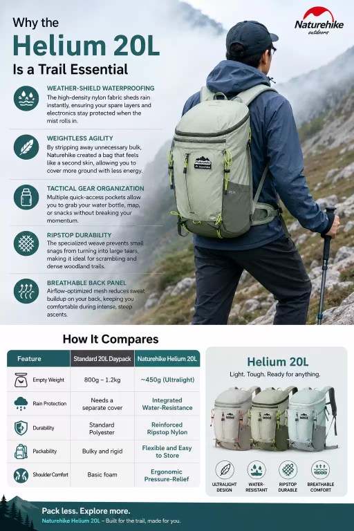 FJK Camping Gear Naturehike Helium 20L trail infographic showing its 450g ultralight weight, integrated water-resistance, and ripstop nylon durability compared to standard daypacks.