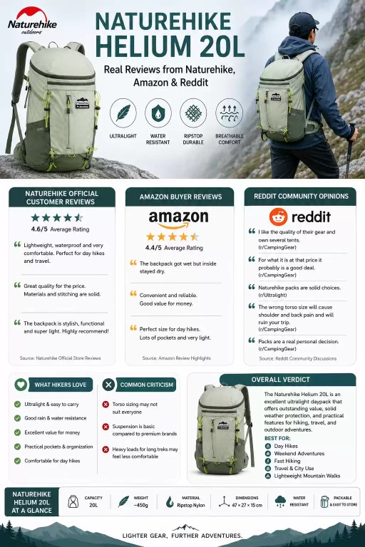 FJK Camping Gear Naturehike Helium 20L review summary infographic featuring Amazon and Reddit feedback on waterproofing and comfort for UK day hikes.