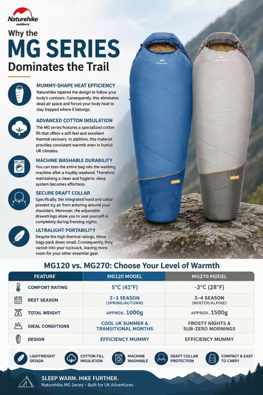 FJK Camping Gear Naturehike MG series infographic comparing the MG120 and MG270 mummy sleeping bags, featuring temperature ratings from $5\text{°C}$ to $-2\text{°C}$, cotton insulation, and machine-washable durability for UK camping.