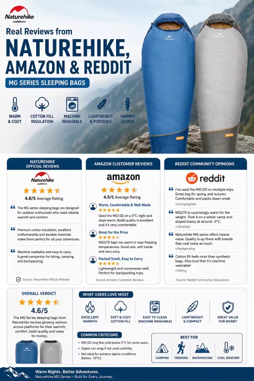 FJK Camping Gear Naturehike MG series sleeping bag reviews from Amazon and Reddit highlighting the lightweight mummy design, soft cotton fill, and overall 4.6/5 rating for trekking and backpacking.