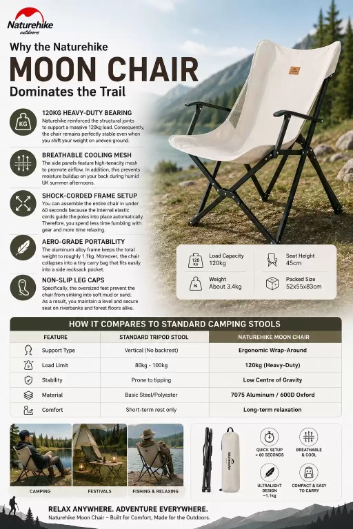 FJK Camping Gear Naturehike Moon Chair infographic showing its 120kg load capacity, 600D Oxford fabric, and 7075 aluminum frame compared to standard camping stools.
