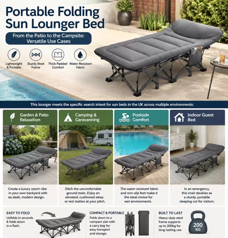 Infographic for a portable folding sun lounger bed showing use cases for gardens, camping, poolside, and indoor guest use, with features like a 200kg capacity and water-resistant fabric.