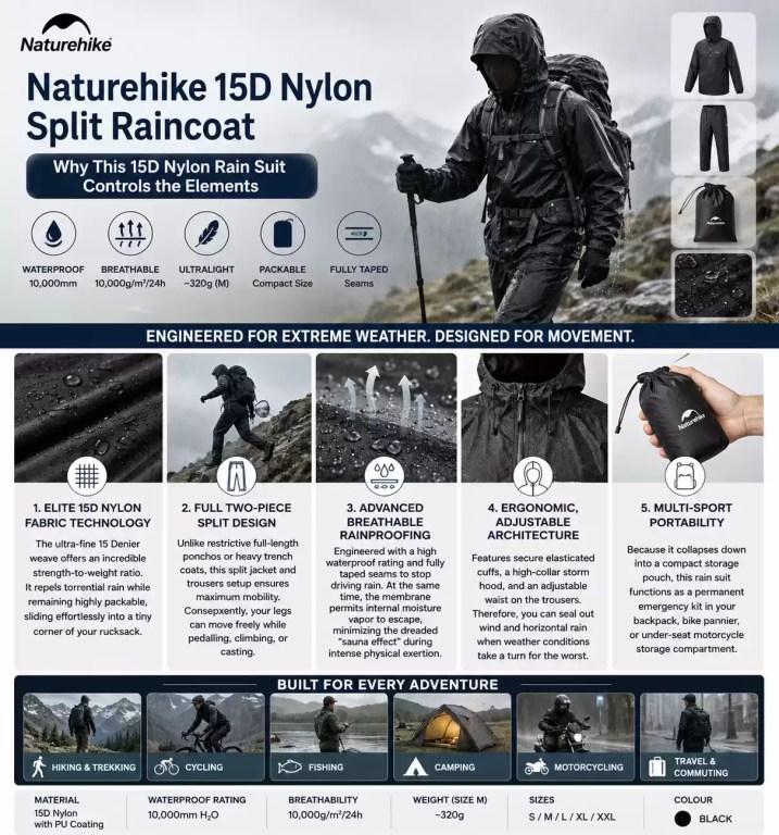 A black Naturehike 15D nylon split raincoat and trousers suit being worn by a hiker with trekking poles in stormy weather. The image shows outdoor use cases like cycling, fishing, and motorcycling, alongside close-ups of the waterproof material, adjustable hood, and compact storage pouch.