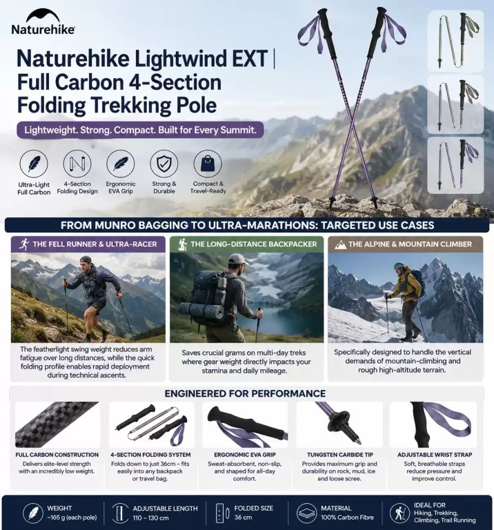 Naturehike Lightwind EXT black carbon fibre trekking poles shown over a mountain landscape. The image includes photos of outdoor enthusiasts trail running, backpacking, and climbing, along with close-ups of the folding joints, EVA handles, and durable tips.