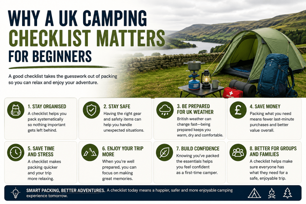 UK camping checklist benefits infographic showing why beginners should stay organised, safe, prepared for UK weather and confident on their first camping trip.