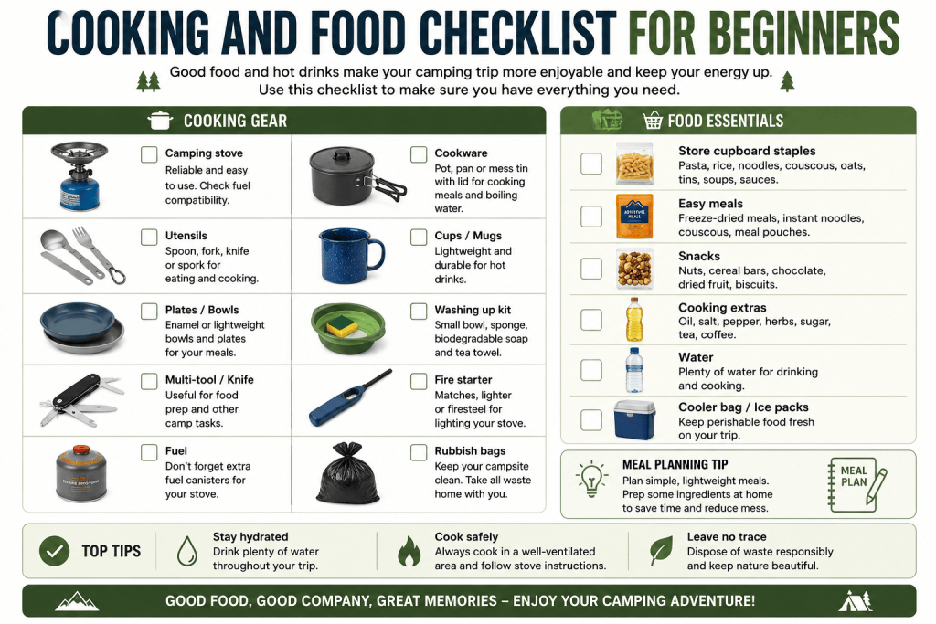 Cooking and food checklist for beginner campers showing camping stove, cookware, utensils, mugs, food essentials, water, snacks and meal planning tips.