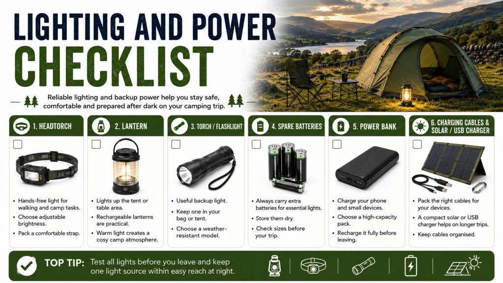 Lighting and power checklist for camping showing headtorch, lantern, torch, spare batteries, power bank, charging cables and solar USB charger.