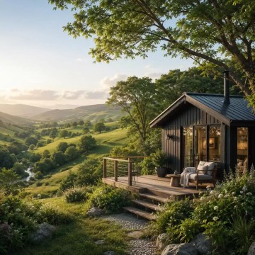 Peaceful countryside retreat cabin in rolling UK hills for FJK SEO rural accommodation marketing services