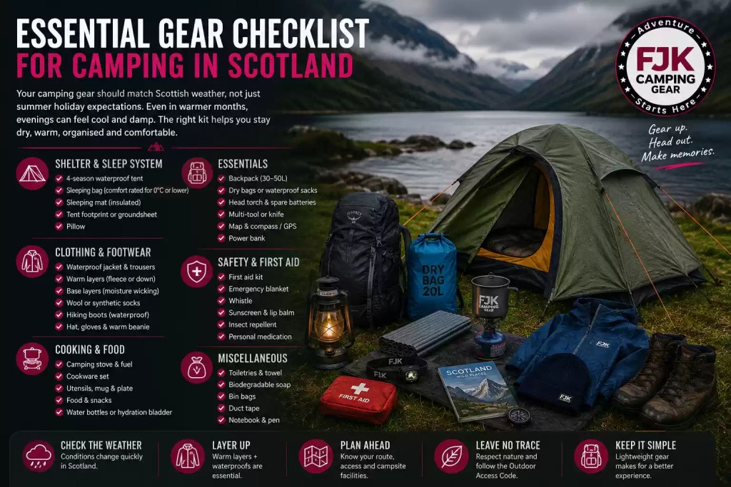 Essential camping gear checklist for Scotland with tent, waterproof clothing and safety kit
