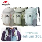 FJK Camping Gear Naturehike Helium 20L backpack available in beige, green, and blue with compact 47x27x15cm dimensions.