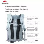 FJK Camping Gear Naturehike backpack technical diagram highlighting 3DAir contoured back support, breathable mesh shoulder straps, and 3D bionic back pad.