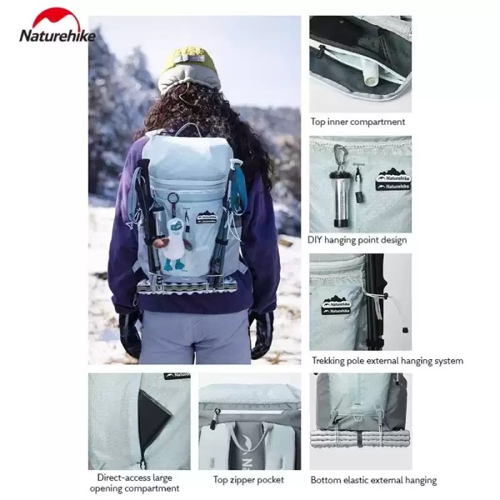 FJK Camping Gear Naturehike Helium 20L backpack features including a trekking pole external hanging system, DIY hanging points, and a large opening compartment.