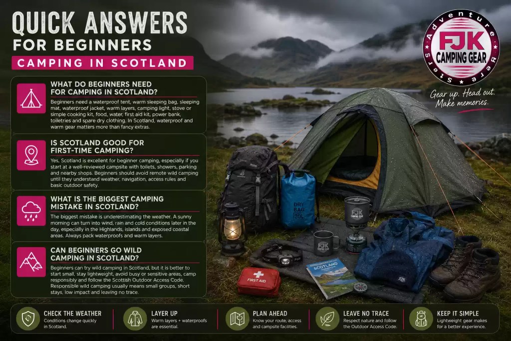 Quick answers for beginner camping in Scotland with tent, gear and weather tips