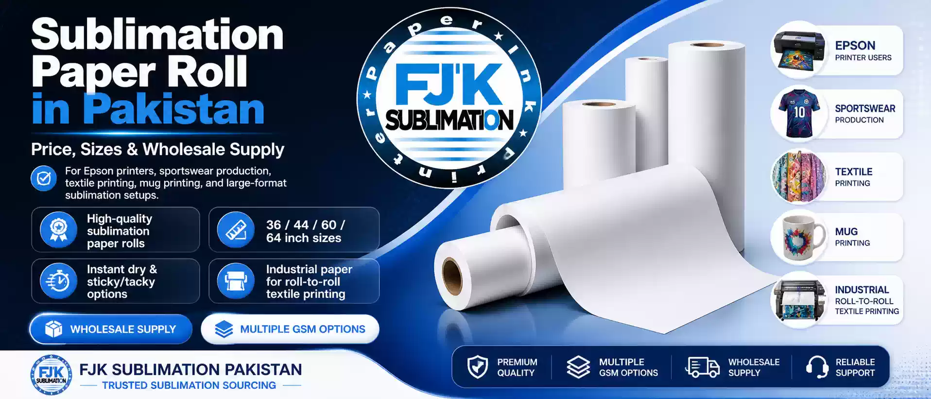 FJK Sublimation paper rolls with GSM sizes and wholesale supply