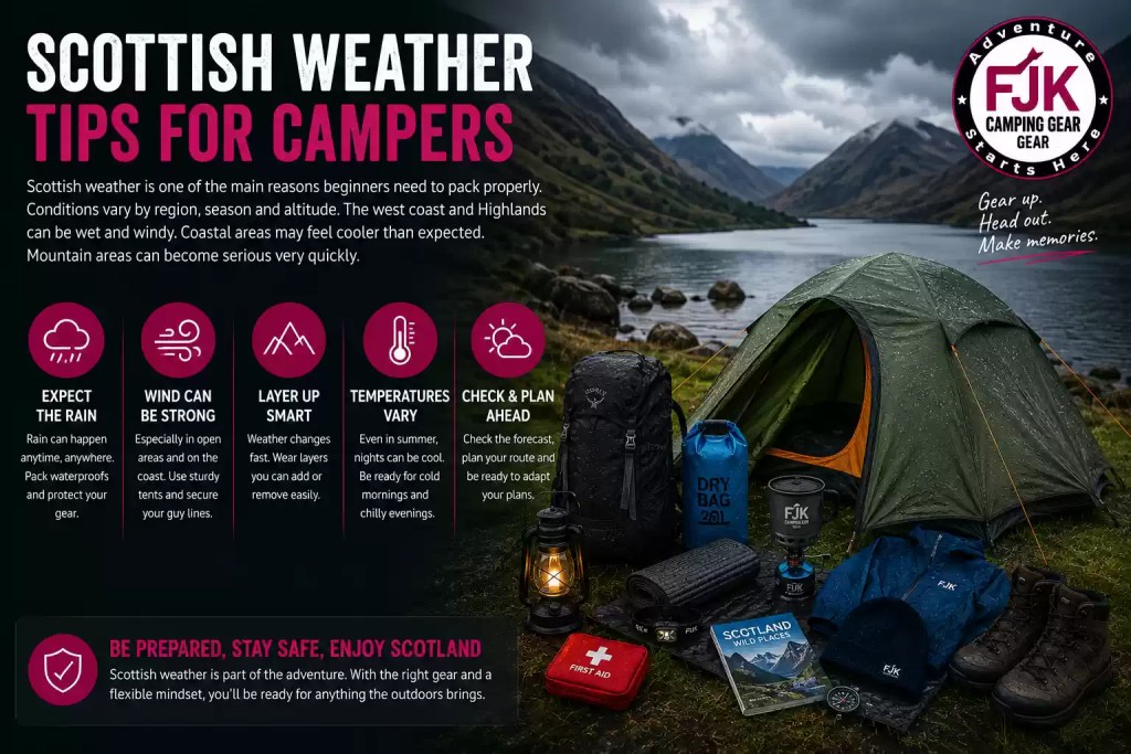 Scottish weather tips for campers with tent, rain gear and misty Highland loch